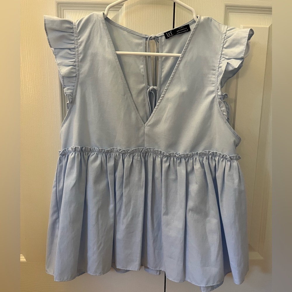 Zara Blue Peplum Ruffle Top Medium - Picture 6 of 10